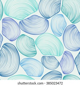 Abstract seamless pattern of blue green seashells. Marine seashell background.