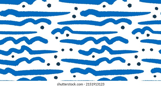 Resumen de un patrón impecable con líneas azules y puntos sobre fondo blanco. Diseño vectorial moderno para impresión textil o envoltura de productos.
