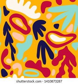 Abstract seamless pattern with blue nature shapes or marks and exotic leaves on white background. Modern colorful vector illustration in flat style for wrapping paper, wallpaper, backdrop, print.
