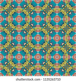 Abstract seamless pattern in blue, orange and green colors. Square scraps in oriental style. Vector illustration. Ideal for printing on fabric or paper.
