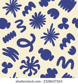 Abstract seamless pattern with blue organic cartoon shapes on a beige background. Trendy random shapes. Vector illustration