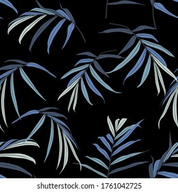 Abstract seamless pattern with blue palm tropical leaves on black background. Hand draw illustration. 