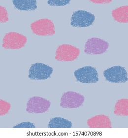 Abstract seamless pattern with blue, pink and purple scribbled ellipses. Chaotic pattern on blue background. Vector hand drawn dark texture. Illustration for wrapping paper, textile print