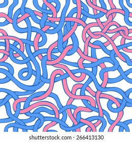 Abstract seamless pattern. Blue and pink twisted lines on white background.