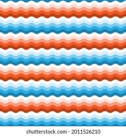 Abstract seamless pattern of blue, red and white waves. Wavy geometric background. Zigzag striped backdrop for textile design