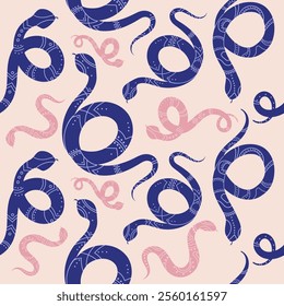 Abstract seamless pattern with Blue Snakes. Snake symbol of 2025 modern pattern in Minimal contemporary style. Snake print seamless background for textiles, paper, wallpaper, clothes, web.Vector