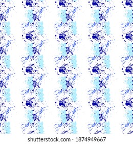 Abstract seamless pattern with blue spots of paint on a white background. Use in textiles, clothing, fabric, wallpaper, design, baby backgrounds, wrapping paper. Vector.