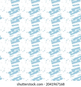 Abstract seamless pattern with blue spots of paint on a white background. Use in textiles, clothing, fabric, wallpaper, design, baby backgrounds, wrapping paper. Vector.