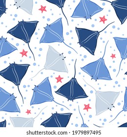 Abstract seamless pattern with blue stingrays swimming underwater. Funny vector illustration hand drawn in cartoon style for kids textile. Sea animals on white background