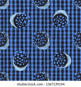 Abstract seamless pattern in blue tones. Tartan, cells, stripes, circles, vector illustration.