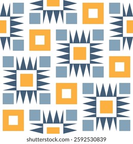 Abstract seamless pattern with blue and yellow geometric shapes isolated on a white background. Contemporary ethnic design in a simple and trendy style. Vector illustration.