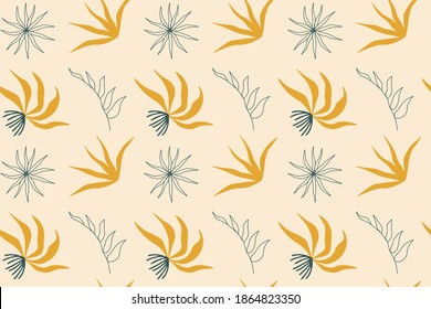 Abstract seamless pattern with boho plants in trendy colors Panton 2021. Vector illustration