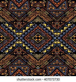 Abstract seamless pattern in boho style. Hand drawn Aztec print template for fabric, paper, post cards, bags, wrapping, etc.