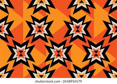 abstract seamless pattern, bold and dynamic geometric pattern composed of starburst shapes arranged in a repeating layout. Each starburst consists of layered eight-pointed stars in black, white, red.