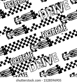 Abstract seamless pattern with bolid,  sport car. Childish style wheel auto repeated backdrop. bright sportcar. 