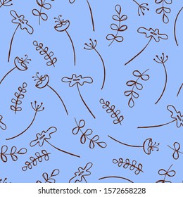 Abstract seamless pattern. Botanical illustration. Vector. Flowers and leaves on a blue background. Decor element for fabric, wrapping paper or covers.