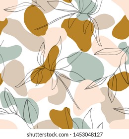 Abstract  seamless pattern with botanical lines  leaves in  pastel color background. For fabric, textile, greeting card template, wall art, social media post, packaging.