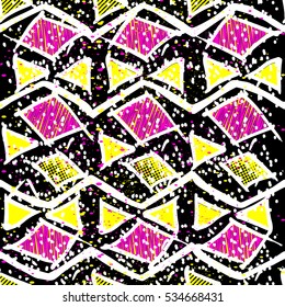 Abstract seamless pattern for boy. Grunge wallpaper with shabby. Dirty background. geometric elements for fabric, textile, web design, wrapping paper. Grunge neon texture background.