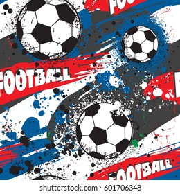 Abstract seamless pattern for boy. Grunge sport texture. background with France football championship with ball, players and france flag colors. stock vector