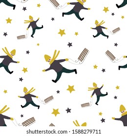 abstract seamless pattern boy with sleigh and stars. Isolated hand drawn vector illustration in cartoon style