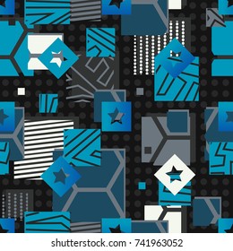 Abstract seamless pattern for boys, clothes. Creative background with dots, geometric figures,stripes inscriptions. Funny wallpaper for textile and fabric. Fashion style. Colorful bright.