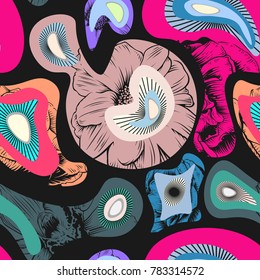 Abstract seamless pattern for boys, clothes. Creative background with geometric figures with flower motif. Funny wallpaper for textile and fabric. Fashion style.
