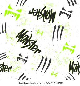 Abstract seamless pattern for boys, fashion, sport clothes, wrapping paper, t shirt. Creative original design repeated backdrop on white background for guys, teenagers, children.Evil monster character