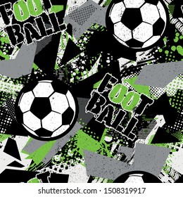 Abstract seamless pattern for boys. Football pattern. Grunge urban pattern with football ball. Sport wallpaper on black background with black and green. Repeated sport pattern.