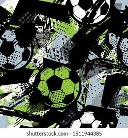 Abstract seamless pattern for boys. Football pattern. Grunge urban pattern with football ball. Sport wallpaper on black background with black and green. Repeated sport pattern.