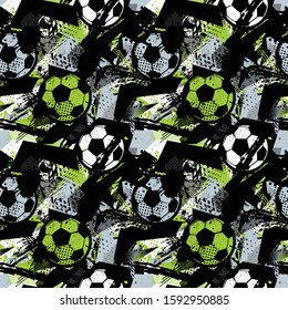 Abstract seamless pattern for boys. Football pattern. Grunge urban pattern with football ball. Sport wallpaper on black background with black and green. Repeated sport pattern.