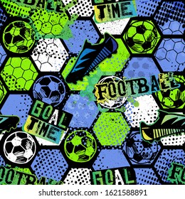 Abstract seamless pattern for boys. Football pattern. Grunge urban pattern with football ball. Repeated sport pattern for textile, clothes, wrapping paper and more