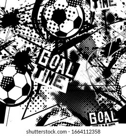 Abstract seamless pattern for boys. Football pattern. Grunge urban pattern with football ball. Sport wallpaper on black and white background  .Repeated sport pattern.