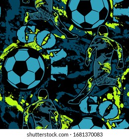 Abstract seamless pattern for boys. Football pattern. Grunge urban pattern with football ball. Sport wallpaper on black background with black and green. Repeated sport pattern.