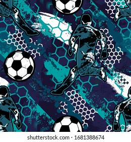 Abstract seamless pattern for boys. Football pattern. Grunge urban pattern with football ball. Sport wallpaper on black background with black and green. Repeated sport pattern.