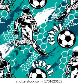 Abstract seamless pattern for boys. Football pattern. Grunge urban pattern with football ball. Sport wallpaper on black background with black and green. Repeated sport pattern.