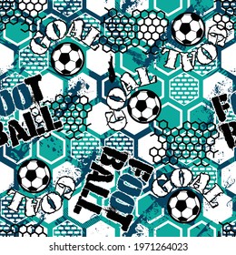 Abstract seamless pattern for boys. Football pattern. Grunge urban pattern with football ball. Sport wallpaper on black background with black and green. Repeated sport pattern.