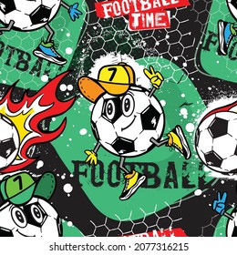 Abstract seamless pattern for boys. Football pattern. Grunge urban pattern with football ball. Sport wallpaper on white background with black and green. Repeated sport pattern.