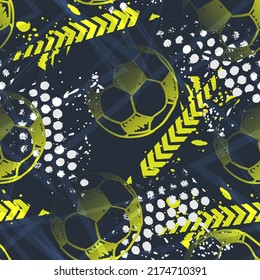 Abstract seamless pattern for boys. Football pattern. Grunge urban pattern with football ball. Sport wallpaper on black background with white and blue and green. Repeated sport pattern.