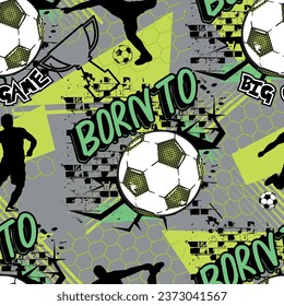 Abstract seamless pattern for boys. Football soccer pattern. Grunge urban pattern with football ball.  Repeated sport pattern.