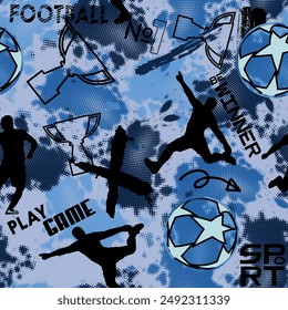 Abstract seamless pattern for boys. Football soccer pattern. Grunge urban pattern with football ball.  Repeated sport pattern.