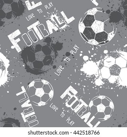Abstract seamless pattern for boys. Football pattern. Grunge urban pattern with football ball. Sport wallpaper grey and white colors. Dark grunge background. repeated sport pattern.