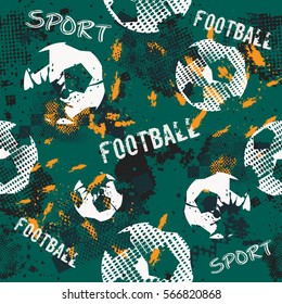 Abstract seamless pattern for boys. Football pattern. Grunge urban pattern with football ball. Sport wallpaper on black background with multicolor spots. Repeated sport pattern.  