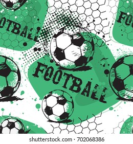 Abstract Seamless Pattern For Boys. Football Pattern. Grunge Urban Pattern With Football Ball. Sport Wallpaper On White Background With Black And Green. Repeated Sport Pattern.