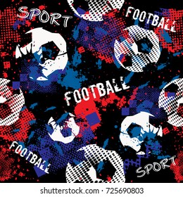 Abstract seamless pattern for boys. Football pattern. Grunge urban pattern with football ball. Sport wallpaper on black background with multicolor spots. Repeated sport pattern.