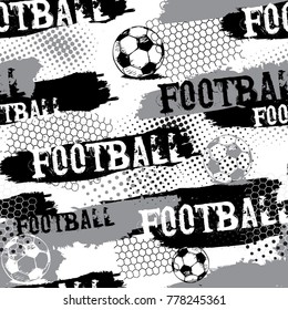 Abstract seamless pattern for boys. Football pattern. Grunge urban pattern with football ball. Sport wallpaper black, grey and white colors. Dark grunge background. repeated sport pattern. 