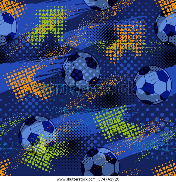 男の子のシームレスな抽象パターン フットボールの柄 フットボールを持つグランジ都市のパターン 青の背景に緑とオレンジの矢印とスポーツ壁紙 繰り返しスポーツ柄 のベクター画像素材 ロイヤリティフリー