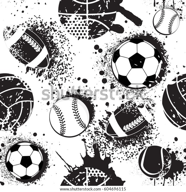 男の子のシームレスな抽象パターン フットボールの柄 ボールとスポーツ都市のパターン スポーツ壁紙 白黒 暗いグランジ背景 繰り返すスポーツ柄 のベクター画像素材 ロイヤリティフリー