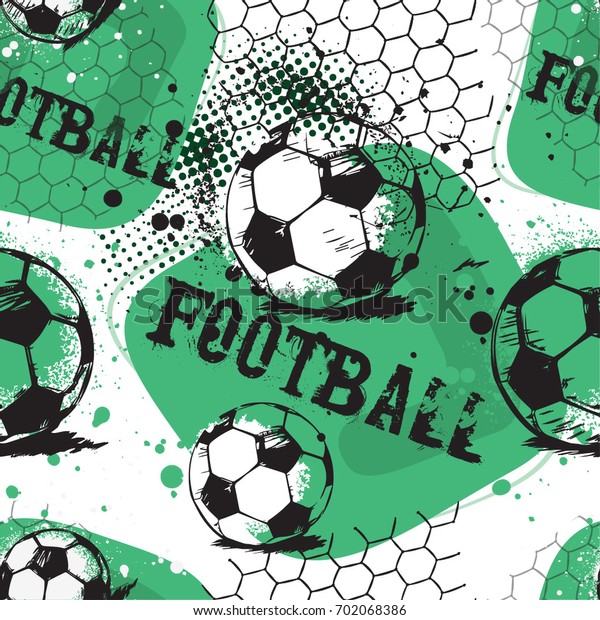 男の子のシームレスな抽象パターン フットボールの柄 フットボールを持つグランジ都市のパターン 白い背景に黒と緑の背景にスポーツ壁紙 繰り返しスポーツ柄 のベクター画像素材 ロイヤリティフリー