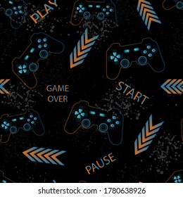 Abstract seamless pattern for boys with game joystick, lightning, text and gray spray effect on black background.