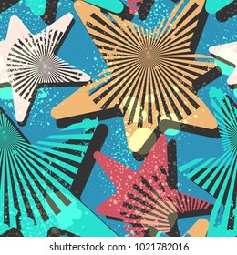 Abstract seamless pattern for boys, girls, sport, fashion clothes. textured chaotic repeated backdrop with stars, grunge dots bright colorful shape elements on blue background. teenagers wallpaper